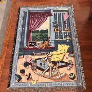 Vintage Disney Classic Pooh Woven Tapestry Throw Blanket Nursery Decor Cotton